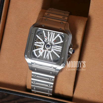 Seiko mod santos white skeleton watch with NH70 movement