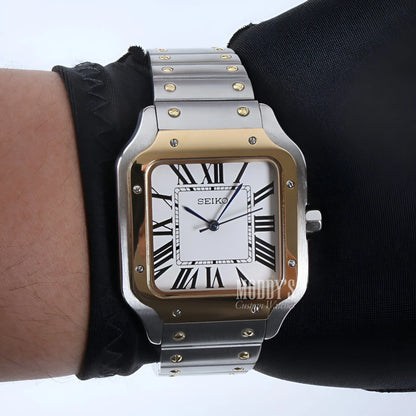 Seiko mod santos NH35 watch with gold accents and sapphire glass