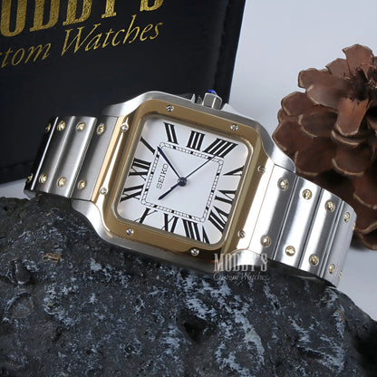 Santeiko Seiko mod Santos watch with gold-silver tones and sapphire glass