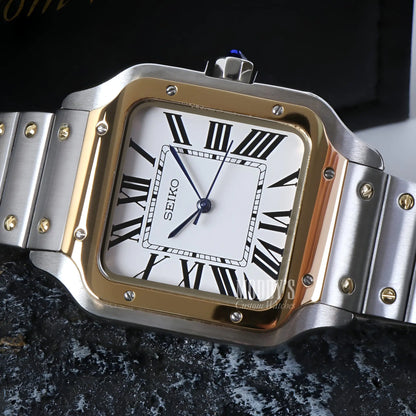 Gold and silver Seiko mod Santos watch with square face, NH35 movement, sapphire glass