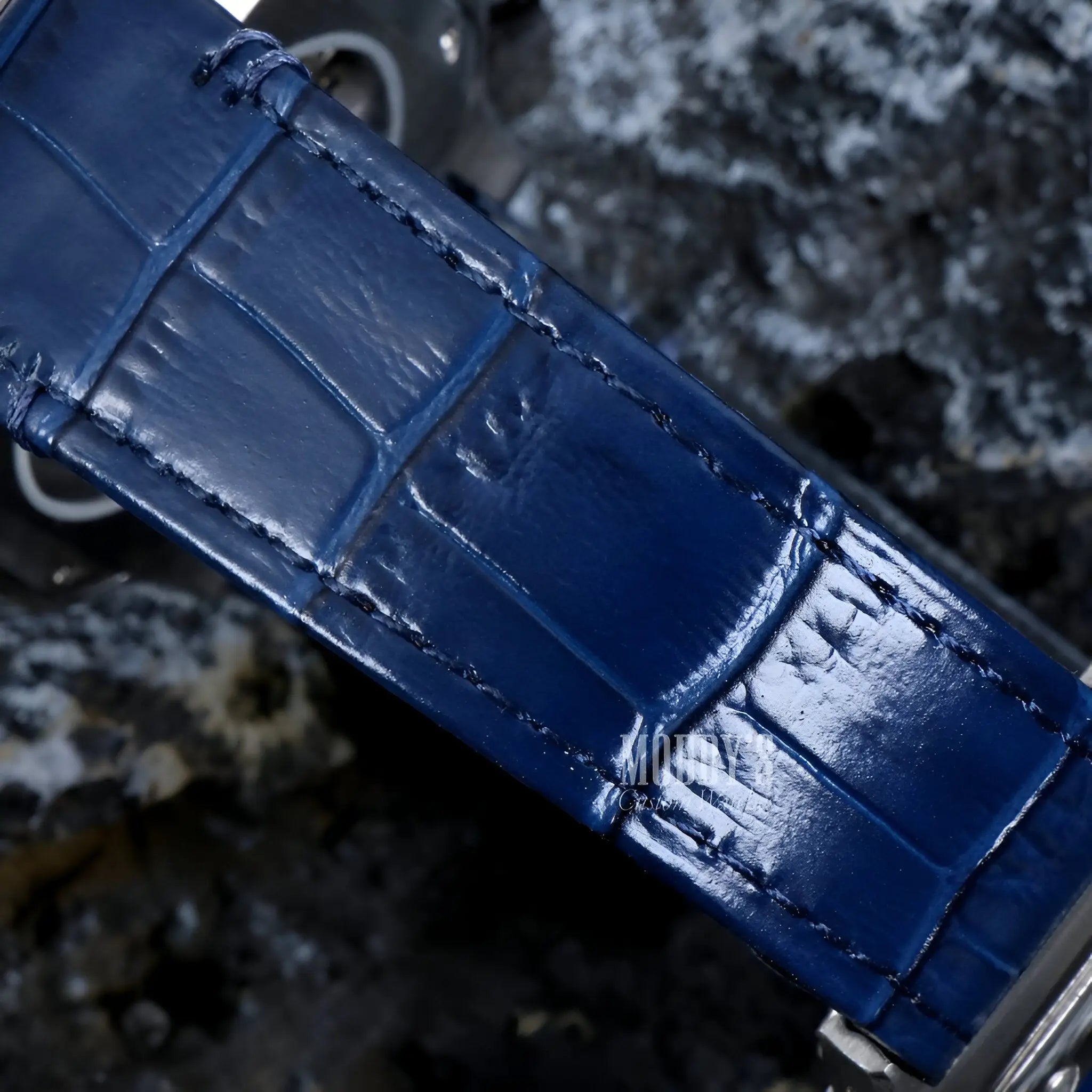 Royal blue alligator leather Seiko mod watch strap with silver buckle