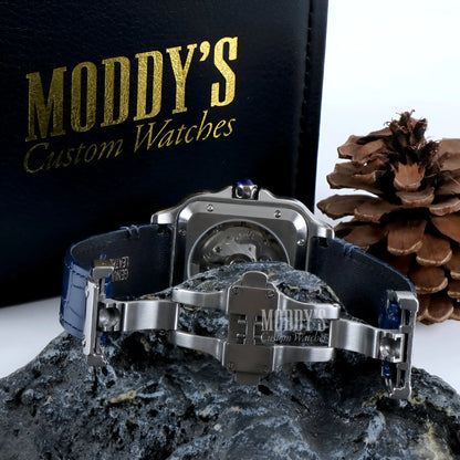 Silver Seiko Mod Santeiko watch with white blue leather strap