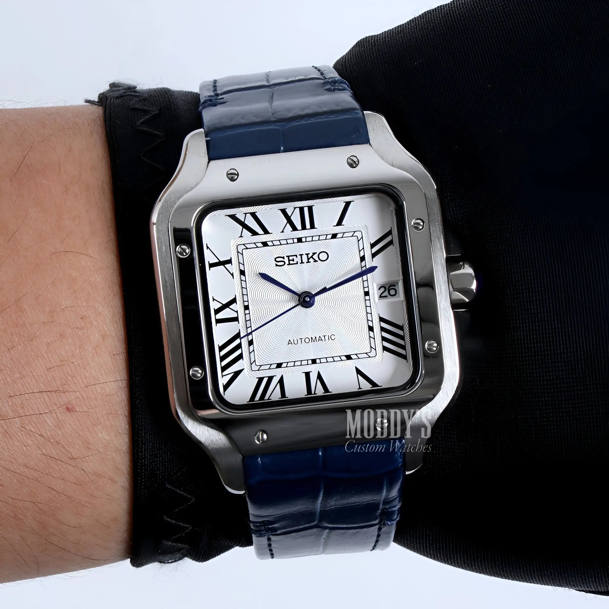 Seiko mod Santos NH35 automatic watch with white dial and blue strap