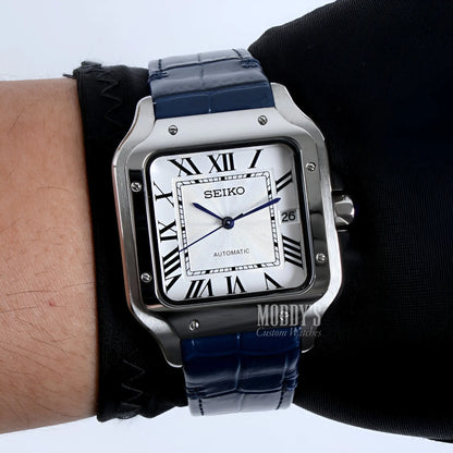 Seiko mod Santos NH35 automatic watch with white dial and blue strap