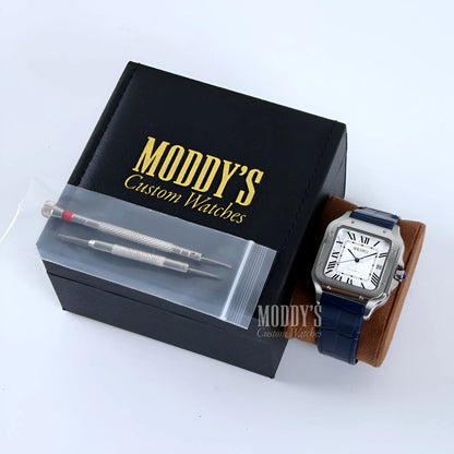 Seiko mod Santos: silver rectangular watch with blue leather strap