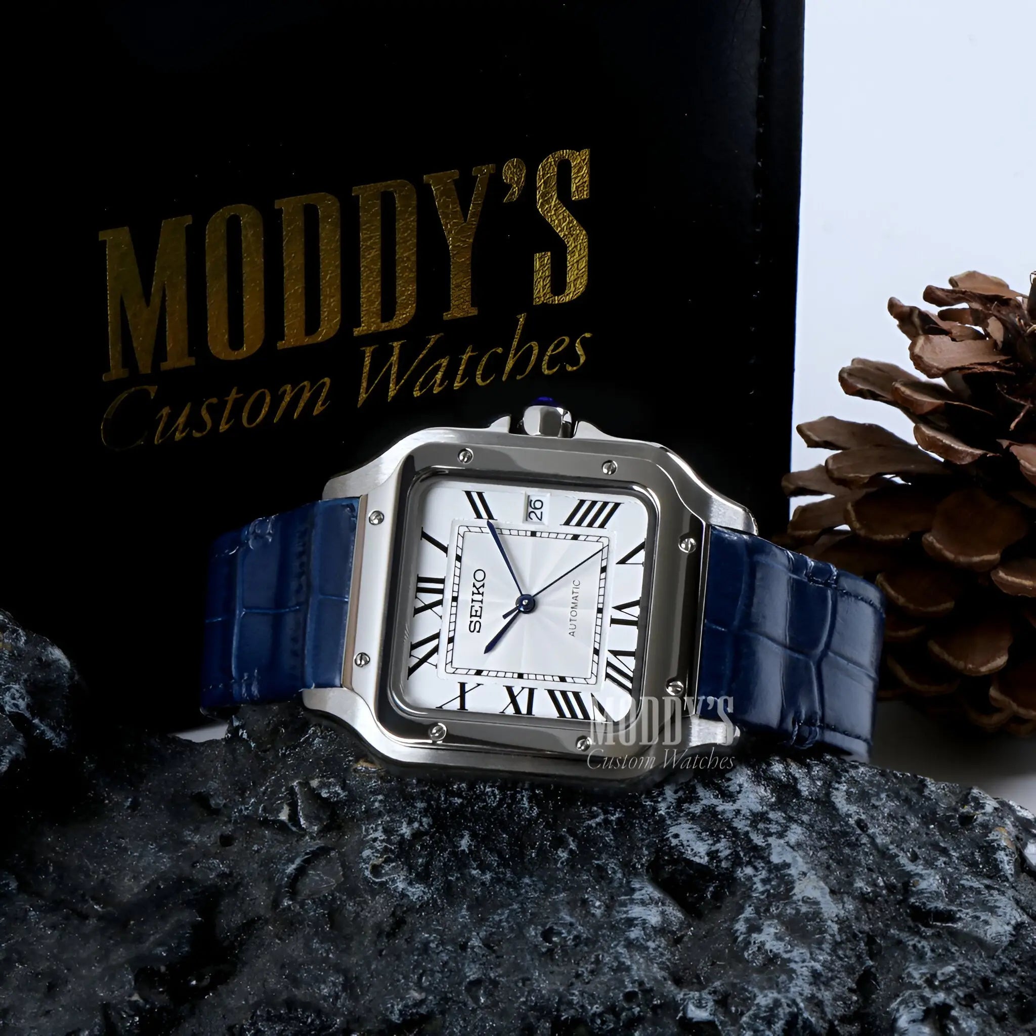 Santeiko Seiko mod Santos with blue leather strap and white Roman face