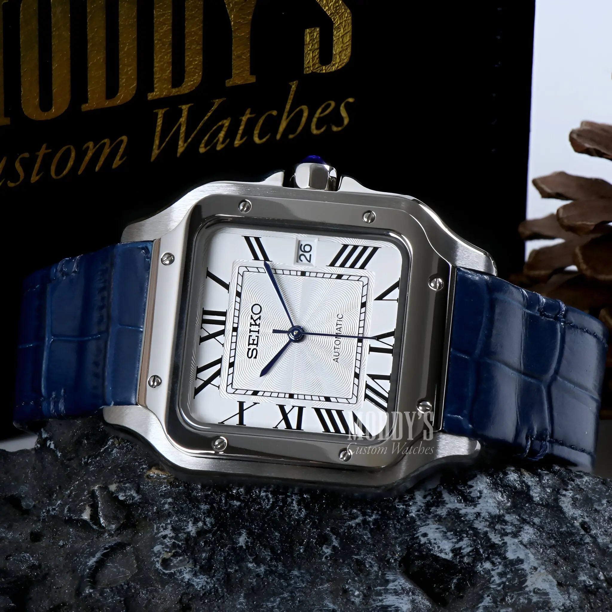 Seiko mod Santos NH35 automatic silver square watch with blue alligator strap