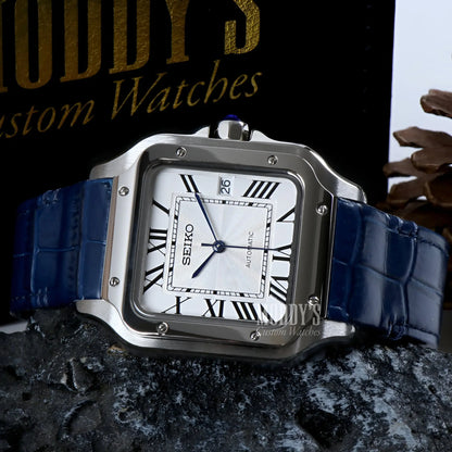 Seiko mod Santos NH35 automatic silver square watch with blue alligator strap