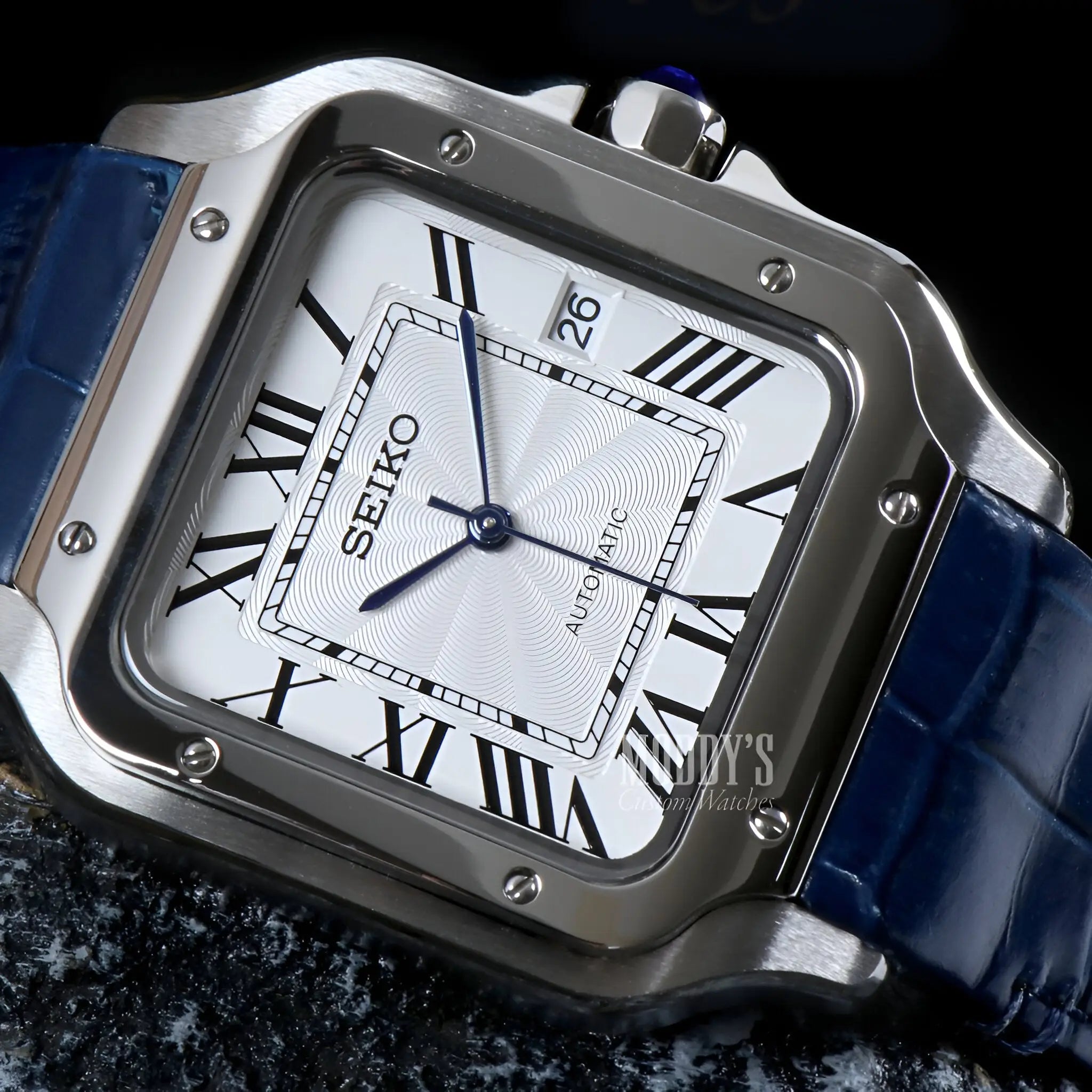 Seiko mod Santos NH35 automatic watch with white dial, blue hands, alligator strap