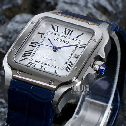 Seiko mod santos NH35 automatic watch with white face, blue leather strap