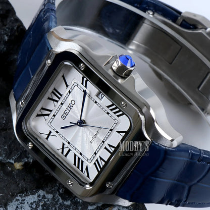Seiko mod Santos NH35 automatic silver watch with blue leather strap
