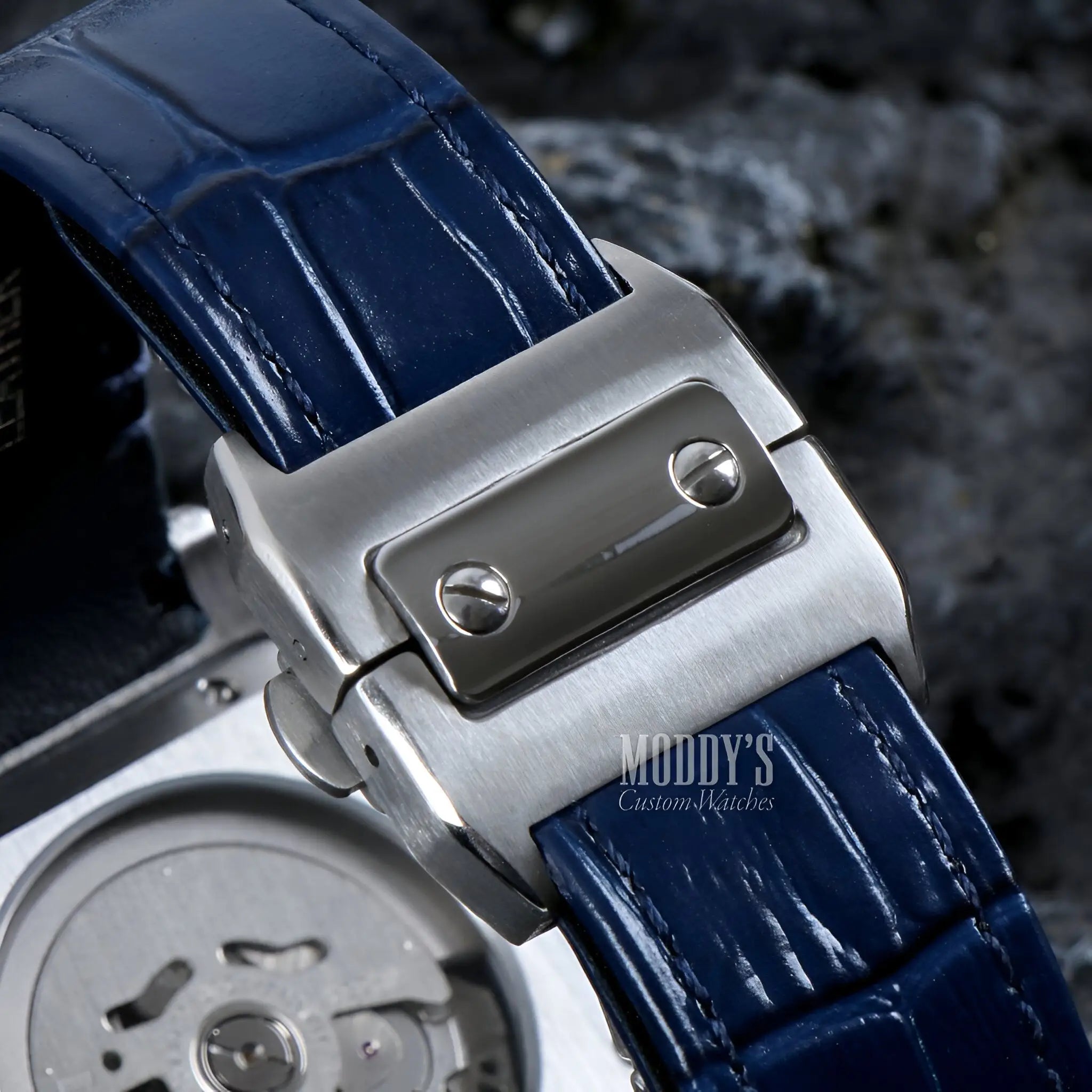Blue alligator Seiko mod watch strap with silver buckle