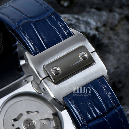 Blue alligator Seiko mod watch strap with silver buckle