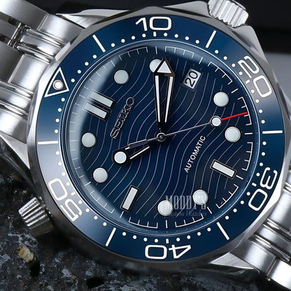 Blue Seiko NH35 automatic movement diver watch with silver accents