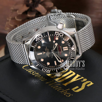 Seiko NH35 automatic mod Seamaster with black dial and luminous hands