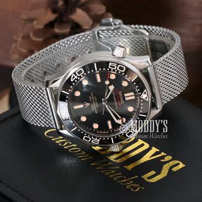 Seiko NH35 automatic mod Seamaster with black dial and luminous hands