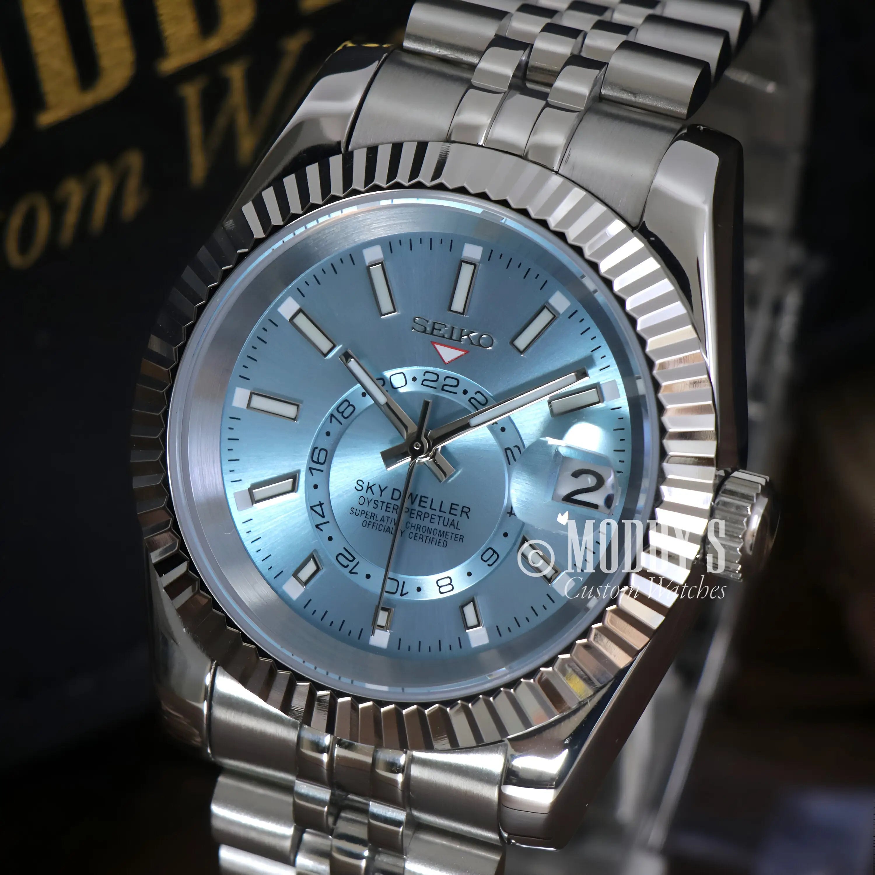 Seiko Sky Dweller 316L stainless steel watch with ice blue dial