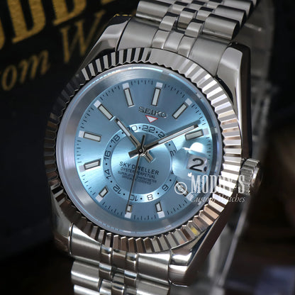 Seiko Sky Dweller 316L stainless steel watch with ice blue dial