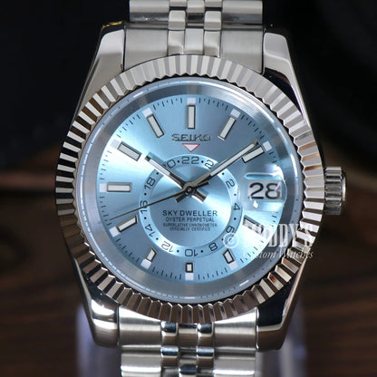 Seiko Sky Dweller watch with ice blue dial and 316L stainless steel bracelet