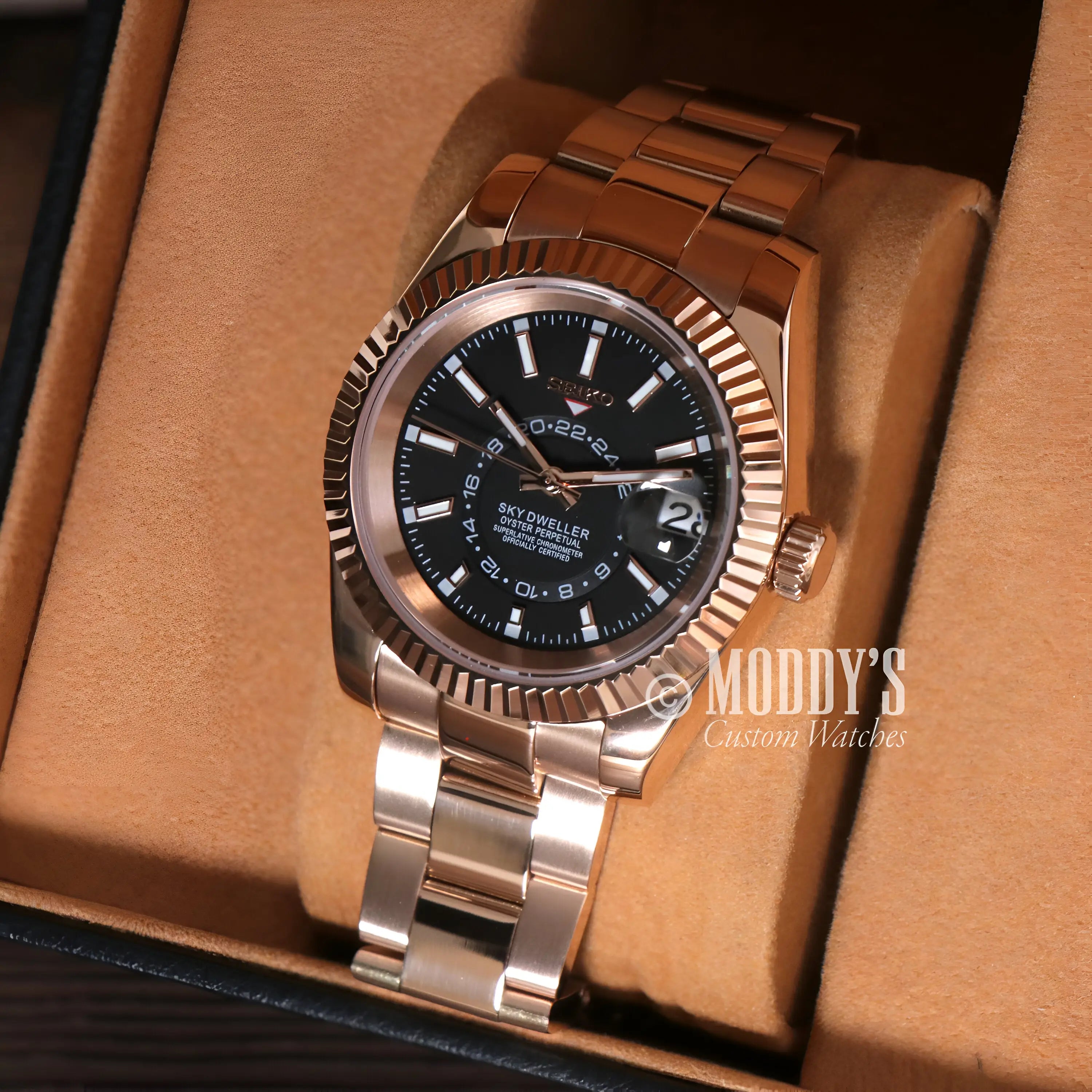 Seikojust Sky Dweller rose gold watch with black dial