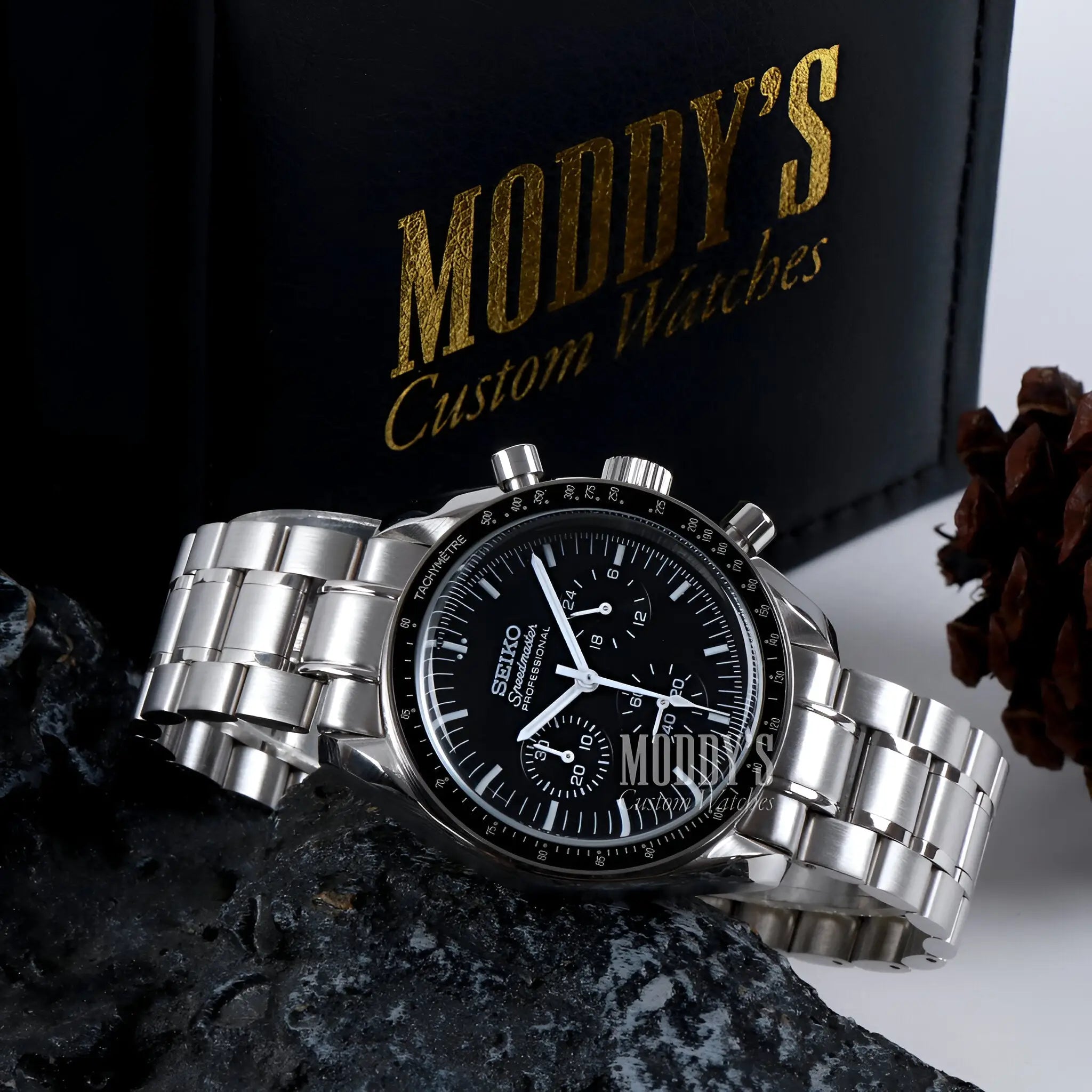 Silver Seiko VK63 Hybrid Chronograph Watch with Black Face