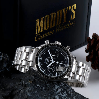 Silver Seiko VK63 Hybrid Chronograph Watch with Black Face