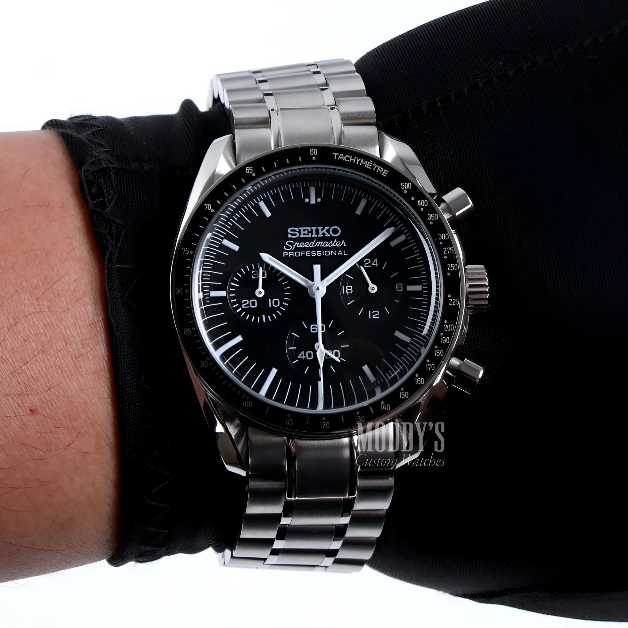 Seiko mod Speedmaster chronograph with black dial and VK63 hybrid movement
