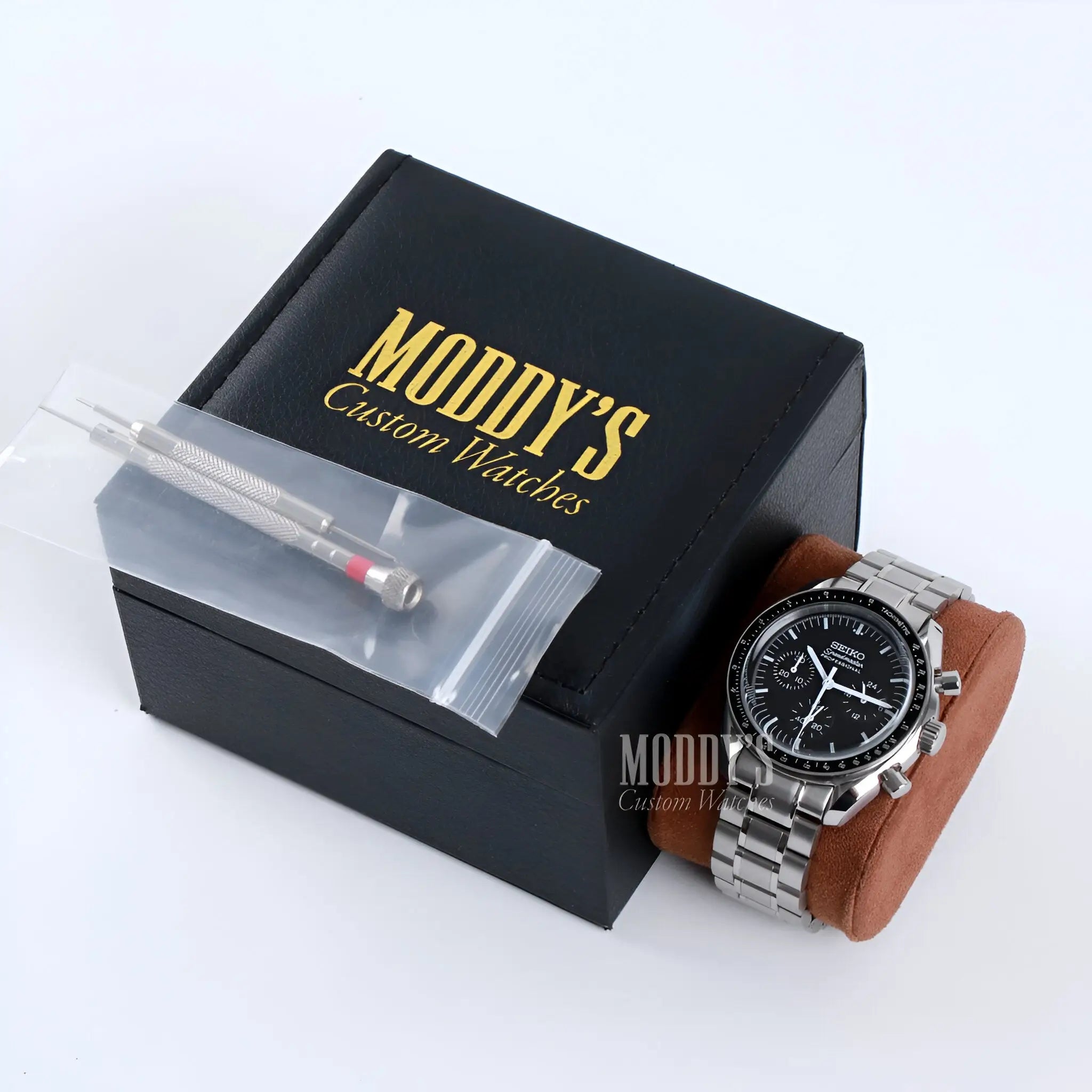 Moddys silver Seiko VK63 hybrid chronograph watch with black dial