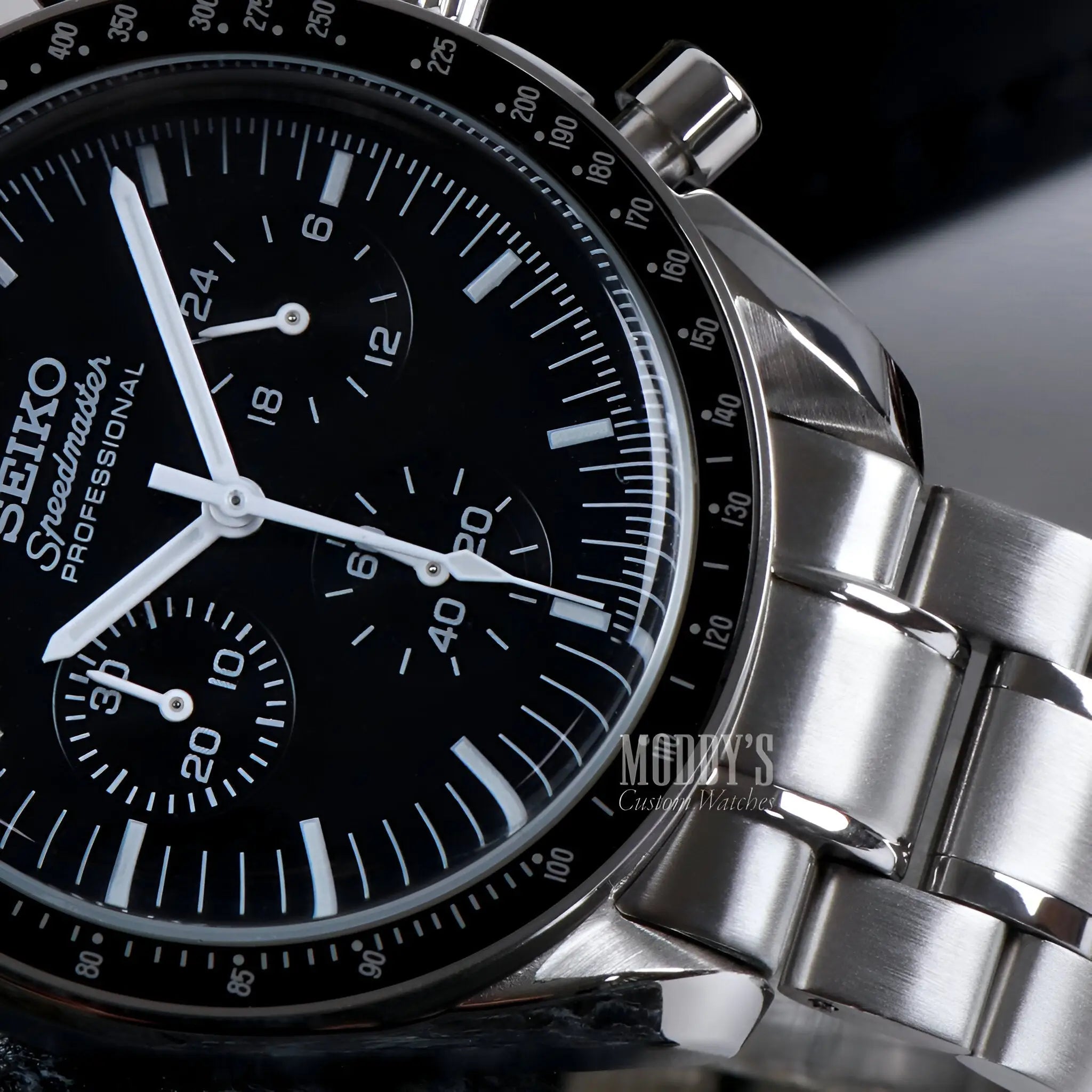 Seiko mod Speedmaster chronograph with black dial and VK63 hybrid movement