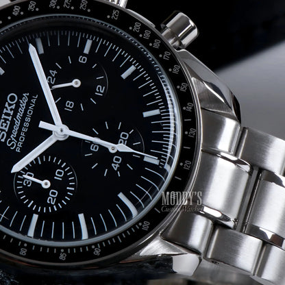 Seiko mod Speedmaster chronograph with black dial and VK63 hybrid movement