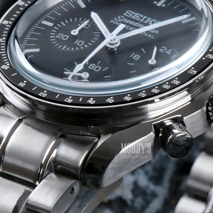 Seiko mod Speedmaster chronograph with black dial and VK63 hybrid movement