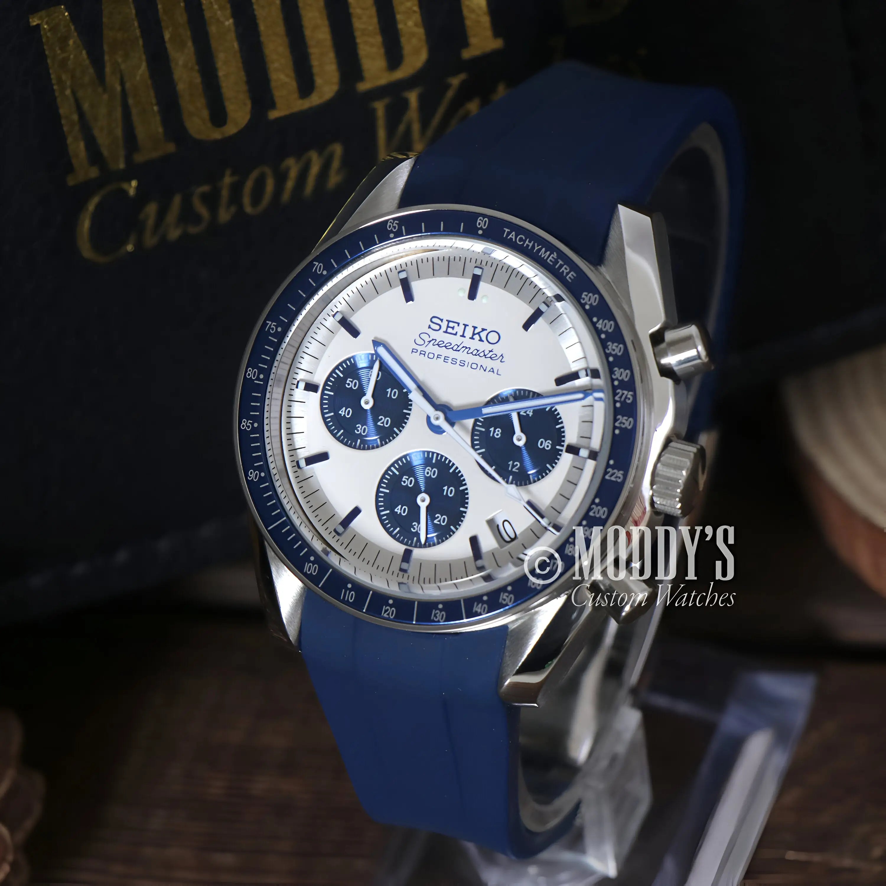Seiko Speedtimer chronograph watch with blue silicone strap and silver case