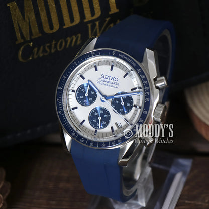 Seiko Speedtimer chronograph watch with blue silicone strap and silver case