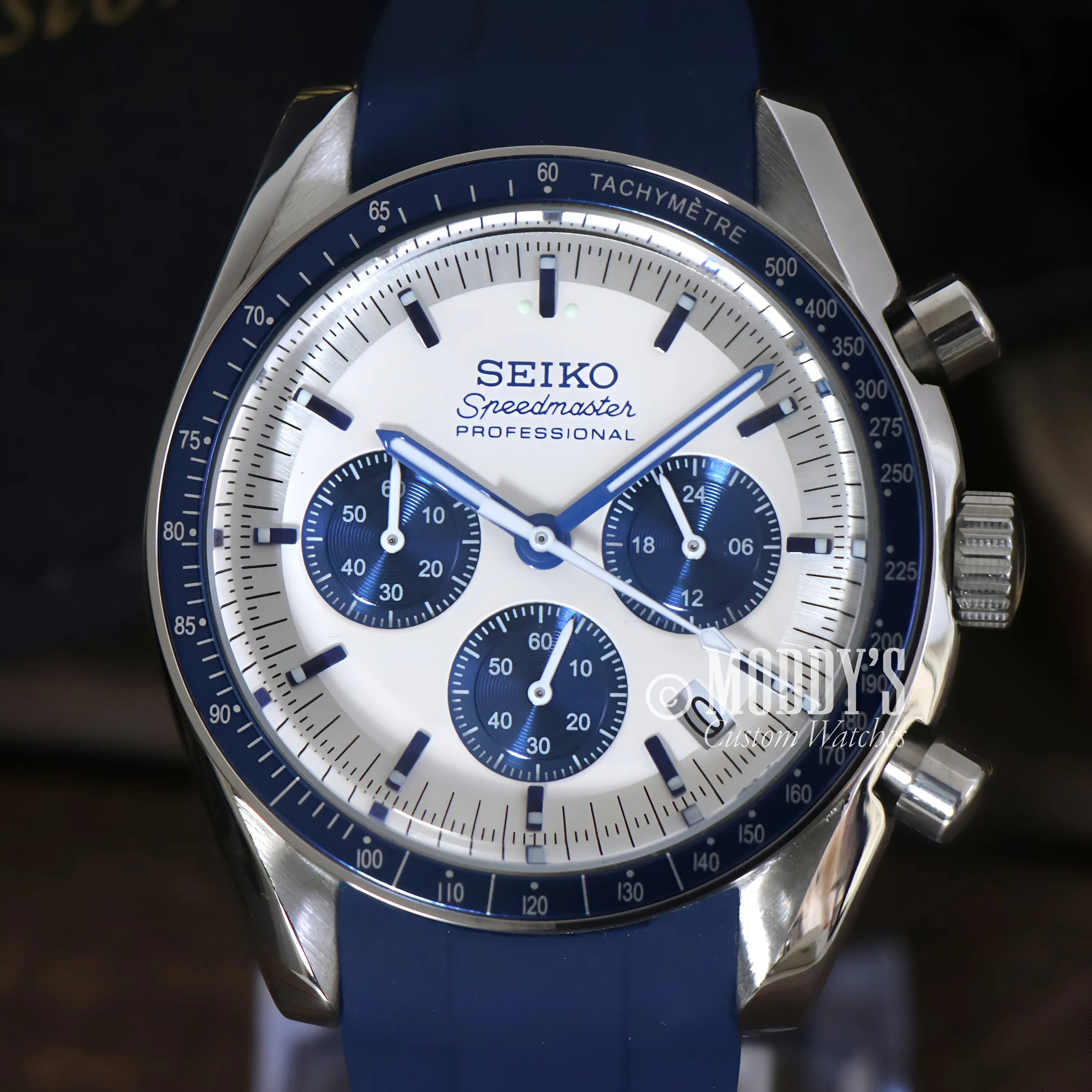 Seiko mod Speedmaster chronograph with curved acrylic, blue rubber strap