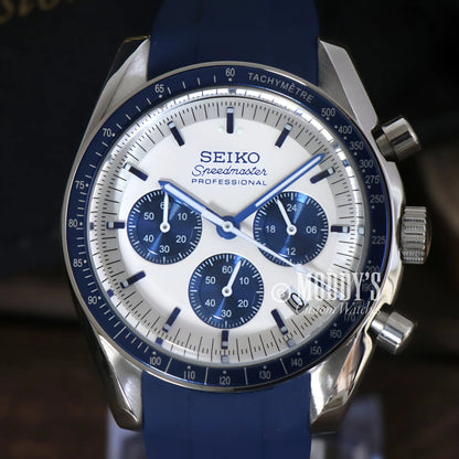 Seiko mod Speedmaster chronograph with curved acrylic, blue rubber strap