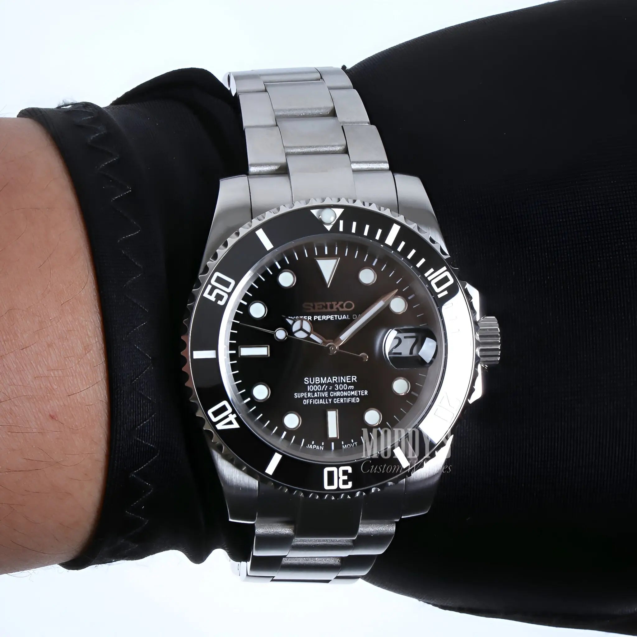 Prestigious Seiko NH35 black Submariner mod watch with stainless steel band and bezel