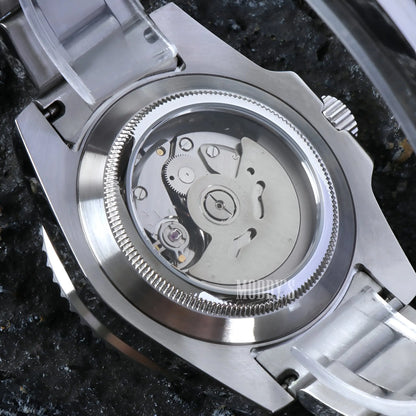 Seiko mod submariner watch with NH35 automatic, silver gears, black dial