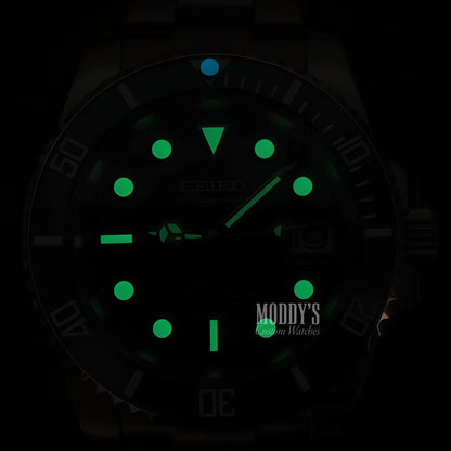 Luminous green Seiko Mod Submariner watch with black face, NH35 automatic