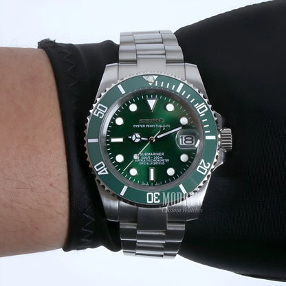 Seiko mod Submariner Hulk with green dial and silver bezel