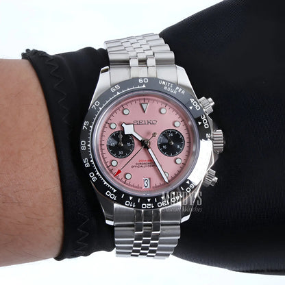 Pink Seiko VK63 hybrid chronograph watch with silver accents