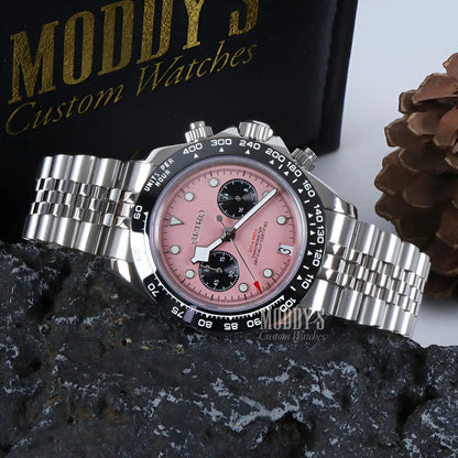 Tudeiko Chrono Pink Seiko mod watch with pink dial and VK63 hybrid movement