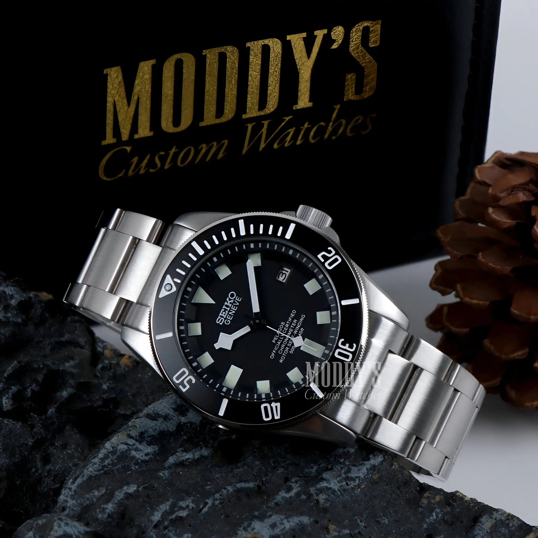 Silver Seiko NH35 automatic Pelagos Black diver watch with black dial