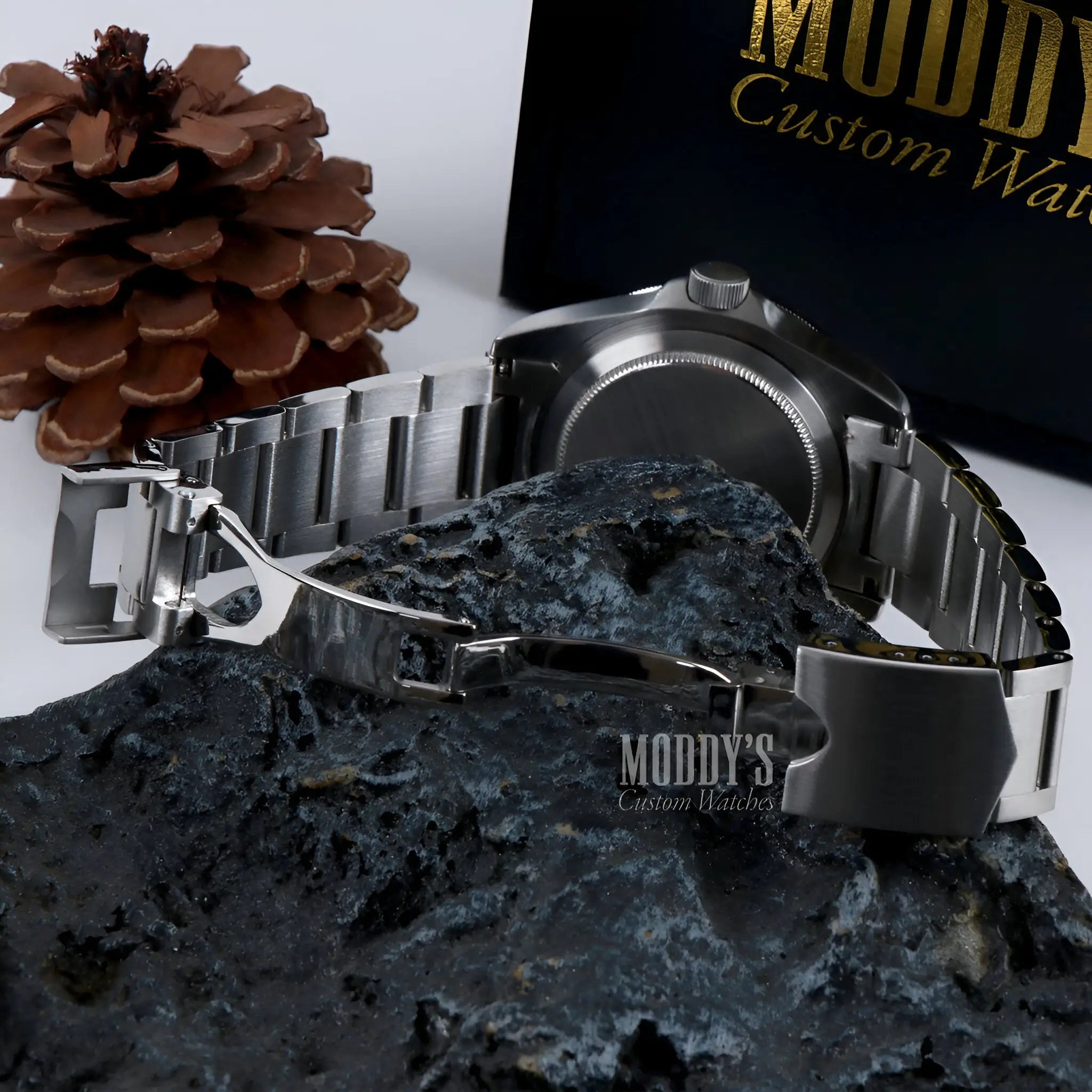 Pelagos Black Seiko mod watch with stainless steel bracelet and black dial