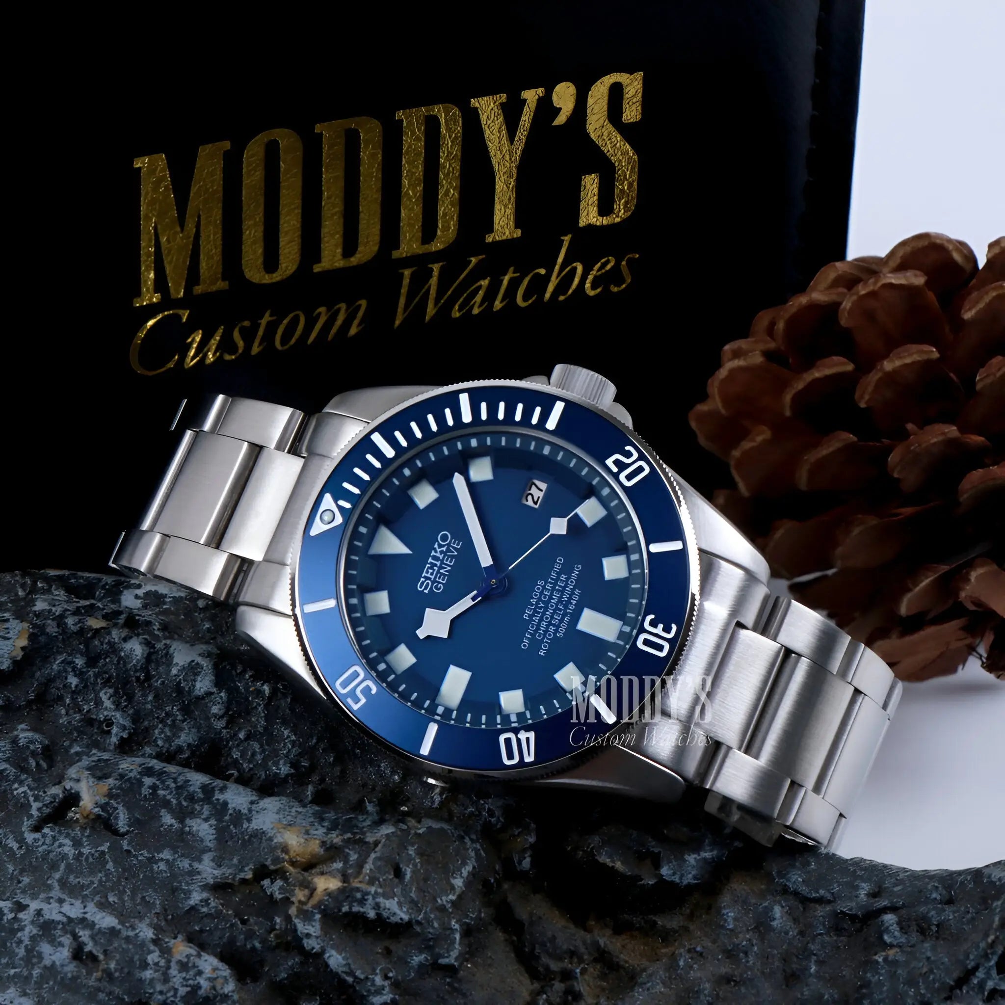 Pelagos Blue Seiko mod watch with blue silver dial and steel band