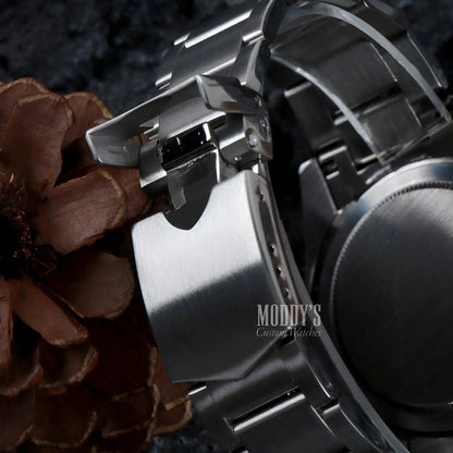 Pelagos Blue Seiko mod watch with stainless steel band and folding clasp