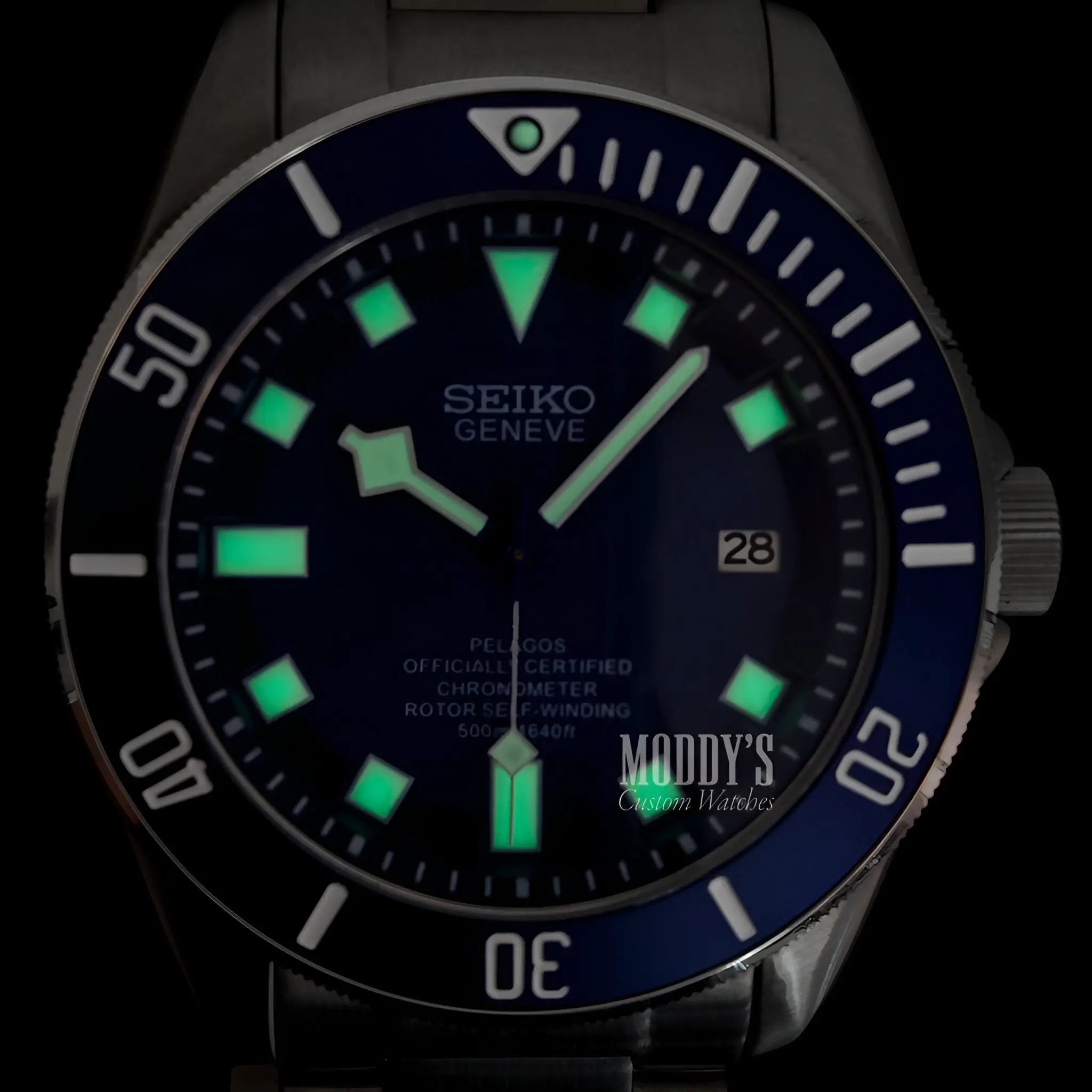 Seiko mod Pelagos Blue diver’s watch with green luminous hands