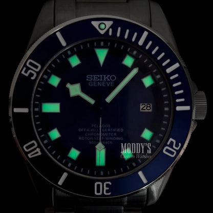 Seiko mod Pelagos Blue diver’s watch with green luminous hands