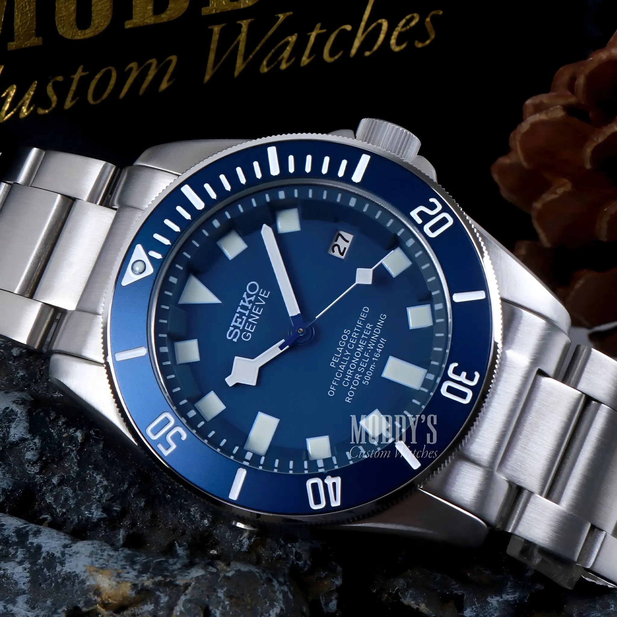 Pelagos Blue Seiko mod diver watch with NH35 automatic movement