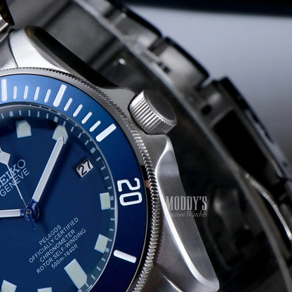 Seiko NH35 automatic mod watch in Pelagos Blue with blue dial and stainless steel case