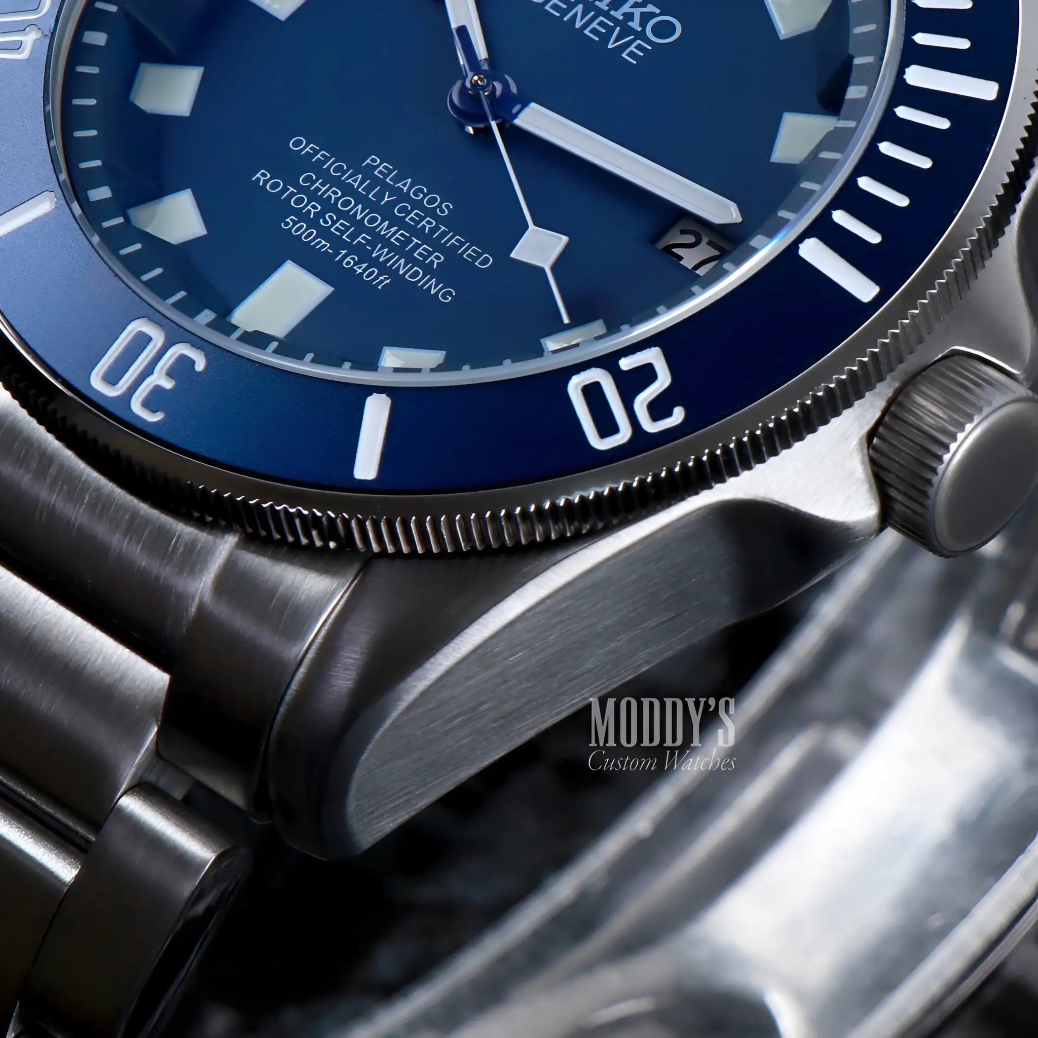 Seiko mod Pelagos Blue diver’s watch with NH35 automatic, blue dial, stainless steel